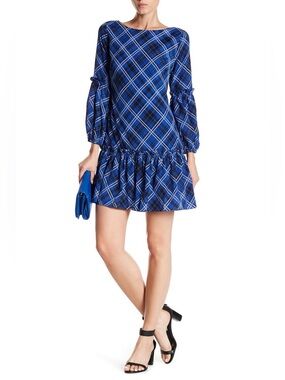 Eliza J Plaid Blouson Sleeve Ruffled Shift Dress Sz 4